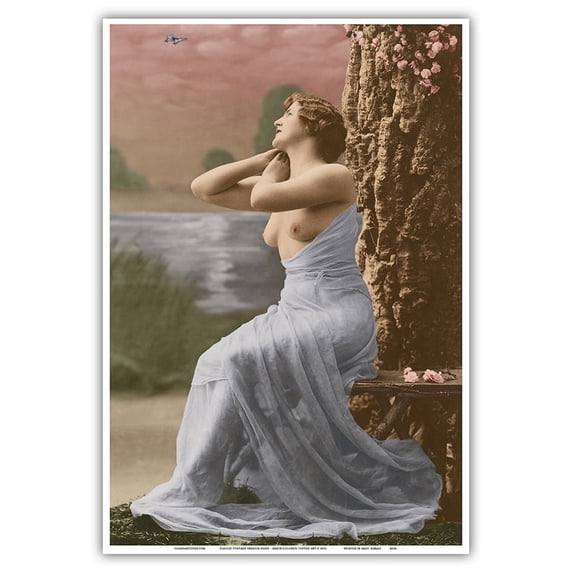 Classic Vintage French Figure by Tree - Hand-Colored Tinted Art - From a French Risque Postcard by Louis-Amédée Mante c.1910 - Master Art Print (Unframed) 13in x 19in