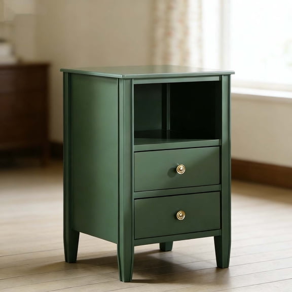Classic Vintage Green Storage Nightstand, Bedside Table with Drawer & Open Shelf, Fluted Legs & Glides for Bedroom Living Space