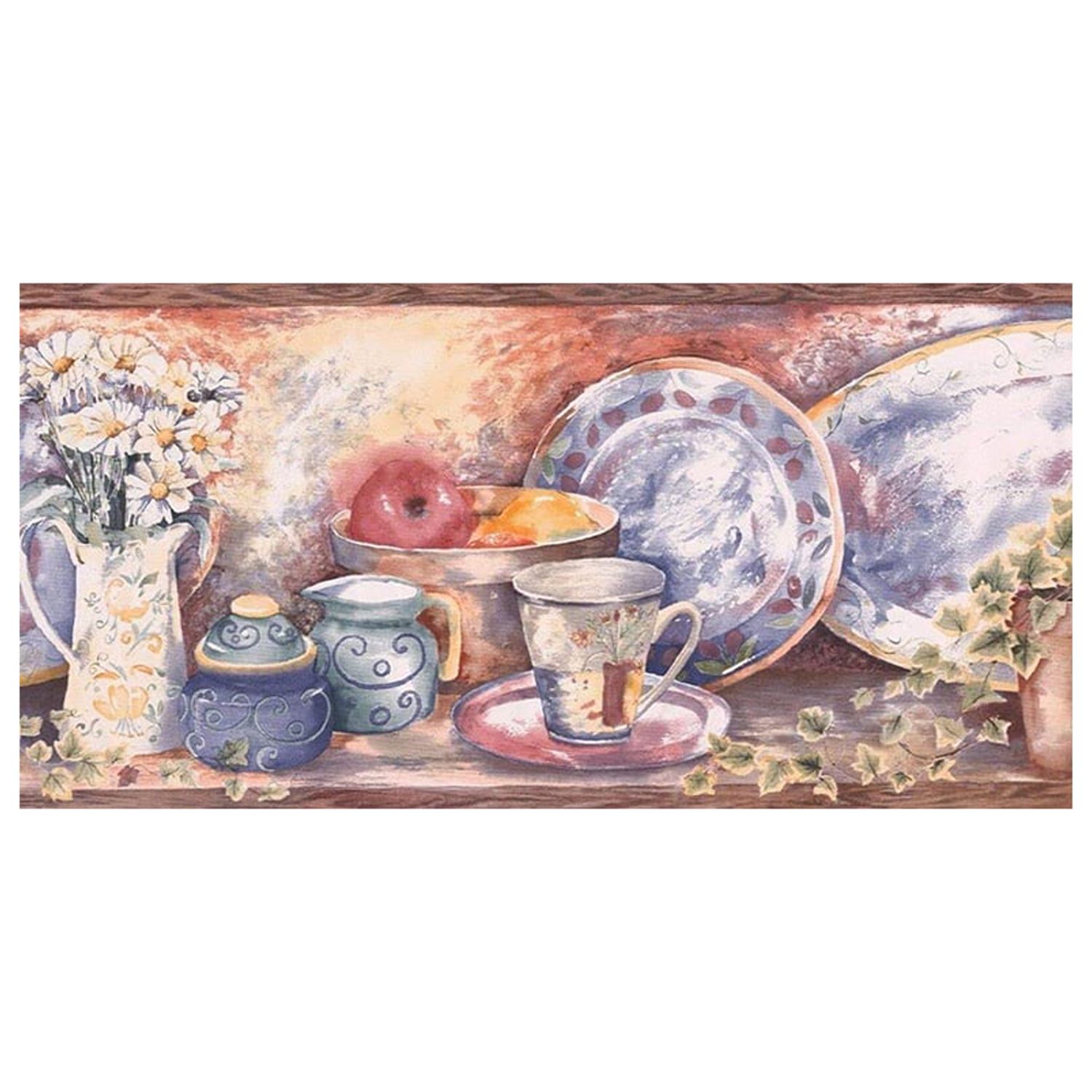 Classic Vintage Kitchen Wallpaper Border Featuring Dishes and Flowers