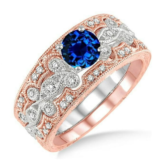Classic Vintage Look Round Shape 2.25 Carat Blue Sapphire And Moissanite Diamond Vintage Trio Bridal Set Engagement Ring on 10k White Gold