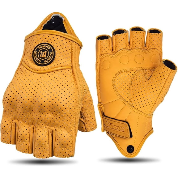 Classic Vintage Perforation Leather Motorcycle Gloves Half Finger Protected Moto Motocross Racing Glove Fingerless Summer Yellow