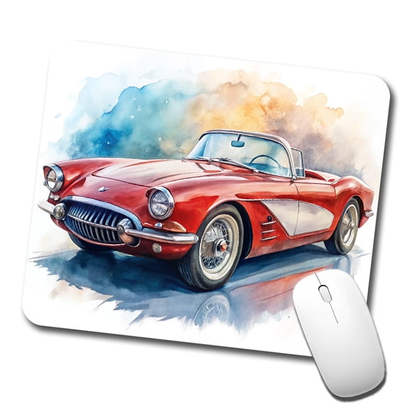 Classic Vintage Red White Sports Car Watercolor Mouse Pad Low Profile Gaming Mat