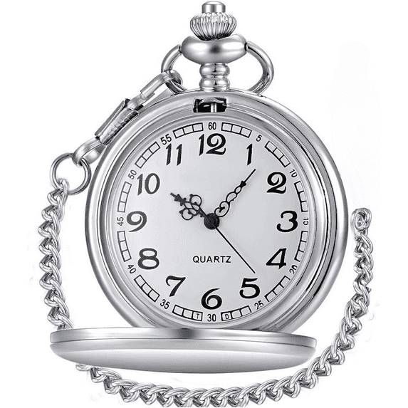 Classic Vintage Stainless Steel Quartz Pocket Watch, Arabic Numerals Scale Mens Womens Pocket Watch with Chain