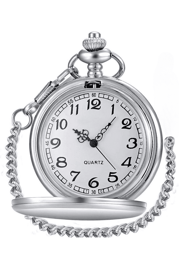 Classic Vintage Stainless Steel Quartz Pocket Watch, Arabic Numerals Scale Mens Womens Pocket Watch with Chain