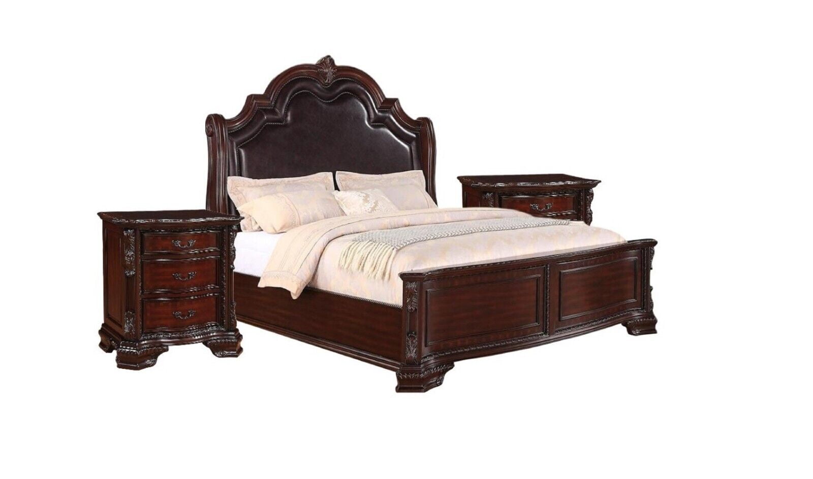 Classic Vintage Style 3Pc King Panel Bed Nightstands Set Brown Finish Bedroom Furniture Wooden Faux Leather