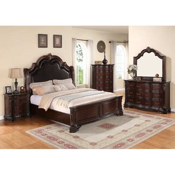 Classic Vintage Style 4Pc Queen Panel Bed Set Brown Finish Bedroom Furniture Wooden Faux Leather