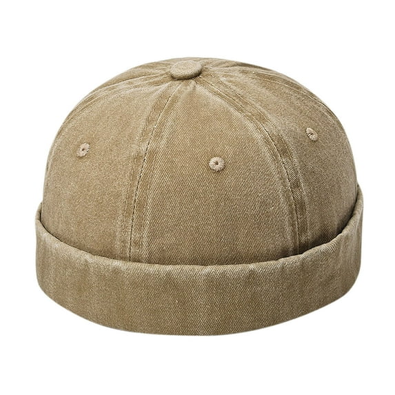 Classic Vintage Style Solid Color Sailor Brimless Skull Hat Casual Washed Cotton Rolled Cuff Harbour Hat Khaki