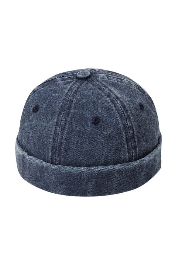 Classic Vintage Style Solid Color Sailor Brimless Skull Hat Casual Washed Cotton Rolled Cuff Harbour Hat Navy
