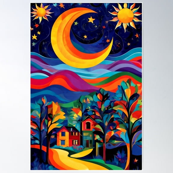 Classic Vintage Village Sun Moon Poster Wall Art, Modern Wall Decor For Living Room Bedroom, 8x12 UNFRAMED