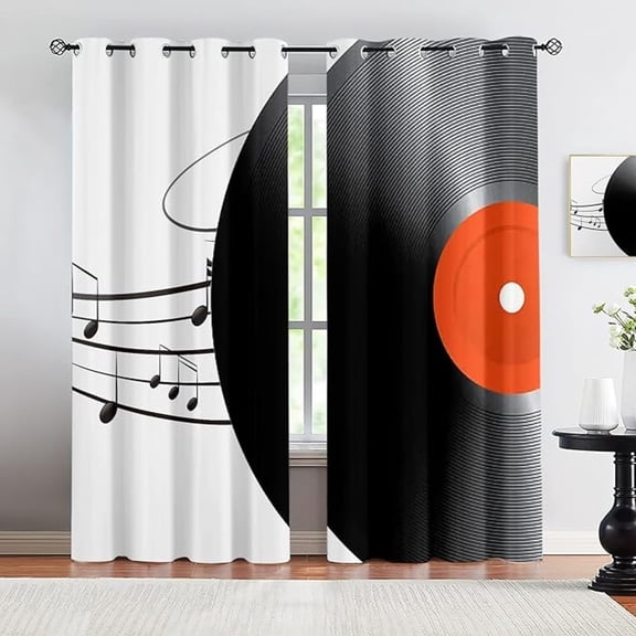 Classic Vinyl Record Blackout Curtains, Modern Abstract Musical Note Print Curtains For Bedroom, Privacy Insulation Window Curtain For Living Room Office Apartment Home Decor 26"W x 45"L (Pack of 2)
