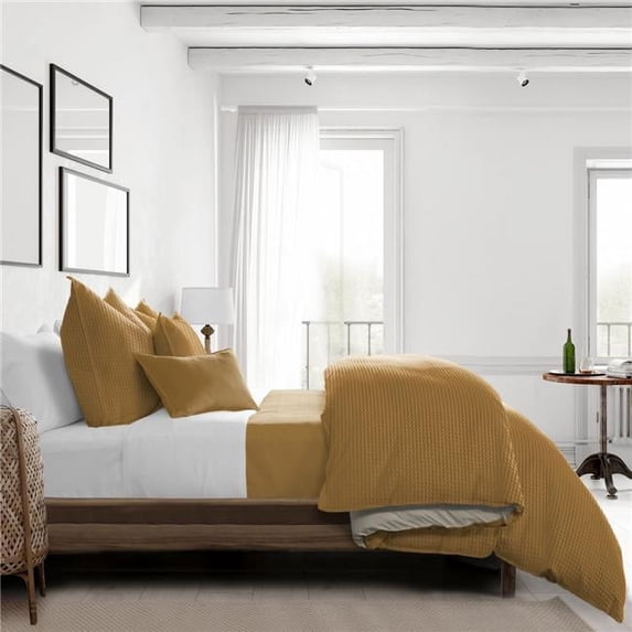 Classic Waffle Comforter & 2 Pillow Shams Set, Mustard - Full & Double Size - 3 Piece