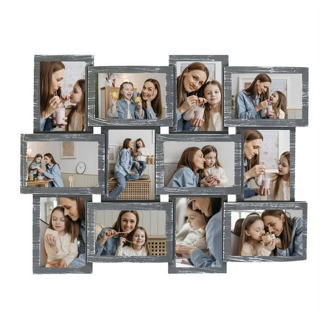 "Classic Gray Wall Hanging Picture Frame Collage with 12 Multiple Openings for 6"" x 4"" Photos