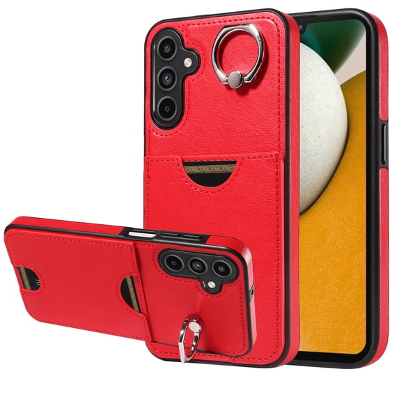 Classic Wallet Case Compatible with Samsung Galaxy A15 for Men Women, with 360° Rotation Finger Ring Kickstand PU Leather Shockproof Phone Cover with Card Slot for Galaxy A15, Red