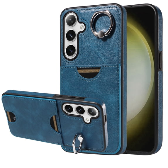 Classic Wallet Case Compatible with Samsung Galaxy S23 for Men Women, with 360° Rotation Finger Ring Kickstand PU Leather Shockproof Phone Cover with Card Slot for Galaxy S23, Blue