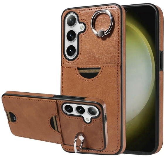 Classic Wallet Case Compatible with Samsung Galaxy S23 for Men Women, with 360° Rotation Finger Ring Kickstand PU Leather Shockproof Phone Cover with Card Slot for Galaxy S23, Brown