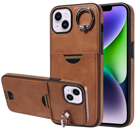 Classic Wallet Case Compatible with iPhone 15 Plus for Men Women, with 360° Rotation Finger Ring Kickstand PU Leather Shockproof Phone Cover with Card Slot for iPhone 15 Plus, Brown