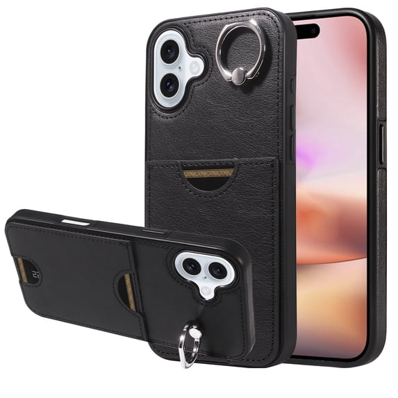 Classic Wallet Case Compatible with iPhone 16 Plus for Men Women, with 360° Rotation Finger Ring Kickstand PU Leather Shockproof Phone Cover with Card Slot for iPhone 16 Plus, Black