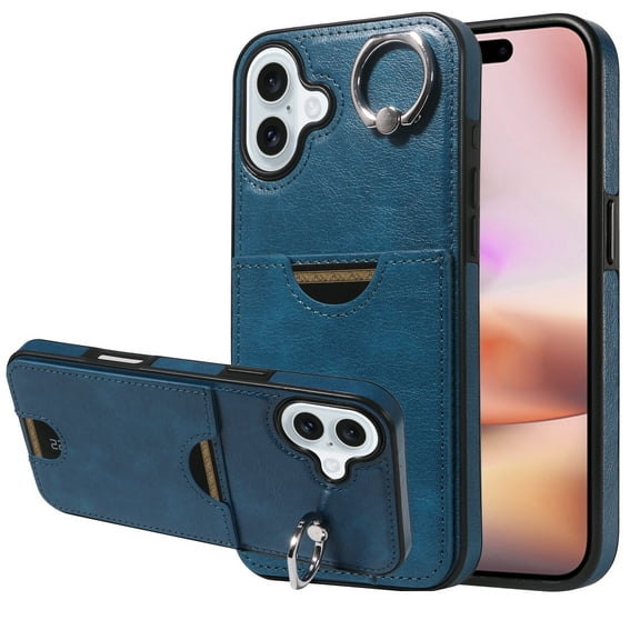 Classic Wallet Case Compatible with iPhone 16 Plus for Men Women, with 360° Rotation Finger Ring Kickstand PU Leather Shockproof Phone Cover with Card Slot for iPhone 16 Plus, Blue