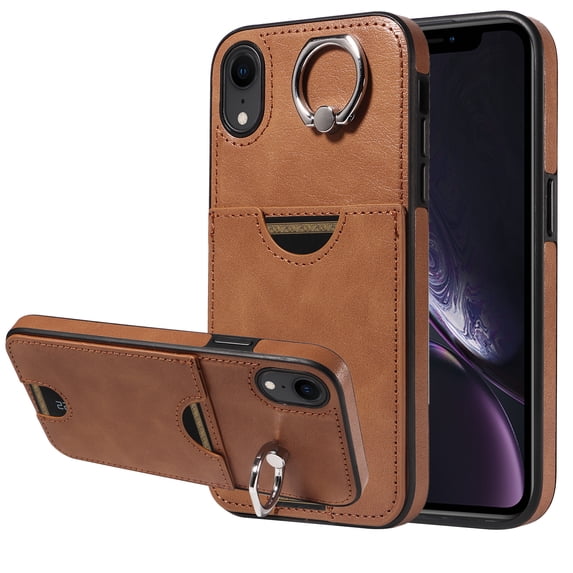 Classic Wallet Case Compatible with iPhone XR for Men Women, with 360° Rotation Finger Ring Kickstand PU Leather Shockproof Phone Cover with Card Slot for iPhone XR, Brown