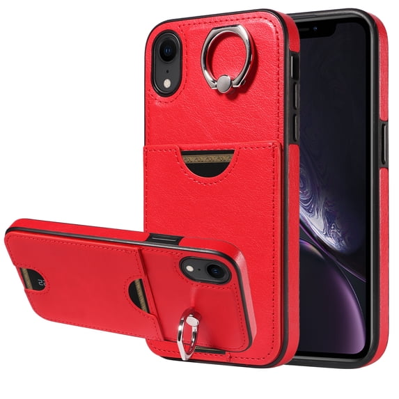 Classic Wallet Case Compatible with iPhone XR for Men Women, with 360° Rotation Finger Ring Kickstand PU Leather Shockproof Phone Cover with Card Slot for iPhone XR, Red