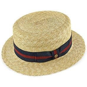Classic - Natural Straw Boater Hat – 100% Wheat Straw Skimmer with Flat Crown, Grosgrain Band, Cotton Sweatband & Side Pin - H7005
