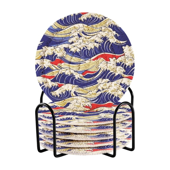 Classic Wave Pattern 4in Bar Coasters Set of 6 with Storage Rack Durable Heat Resistant