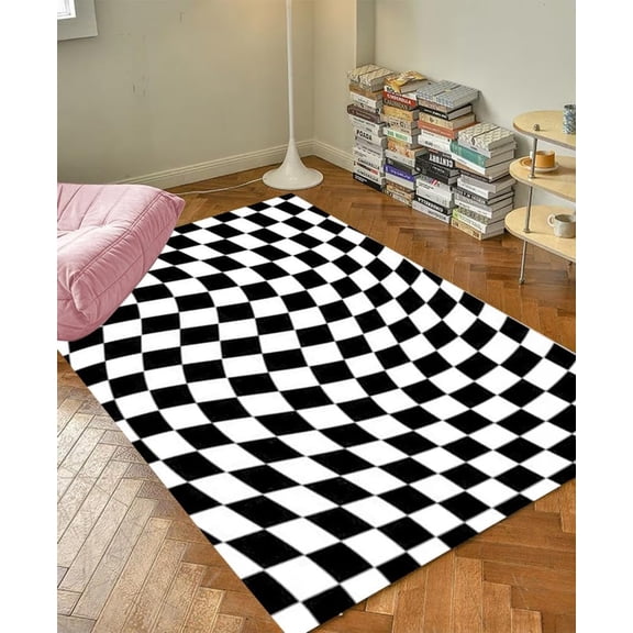 Classic Wavy Checkboard Black And White Area Rug Washable Checkered Rug For Living Room Bedroom Playroom Boho Chic Home Office Diningroom Floor Carpets 3x4ft