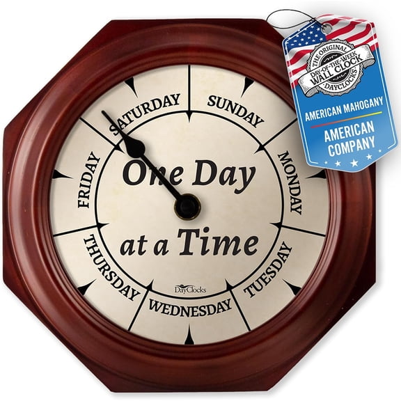 Classic Week-Day Wall Clock with Solid Wood-Octagonal Frame – Noon & Midnight Markers – Quiet Wall Mounted Clock - Ideal Retirement Gift for Men & Women, Mahogany, One Day at a Time, 10"