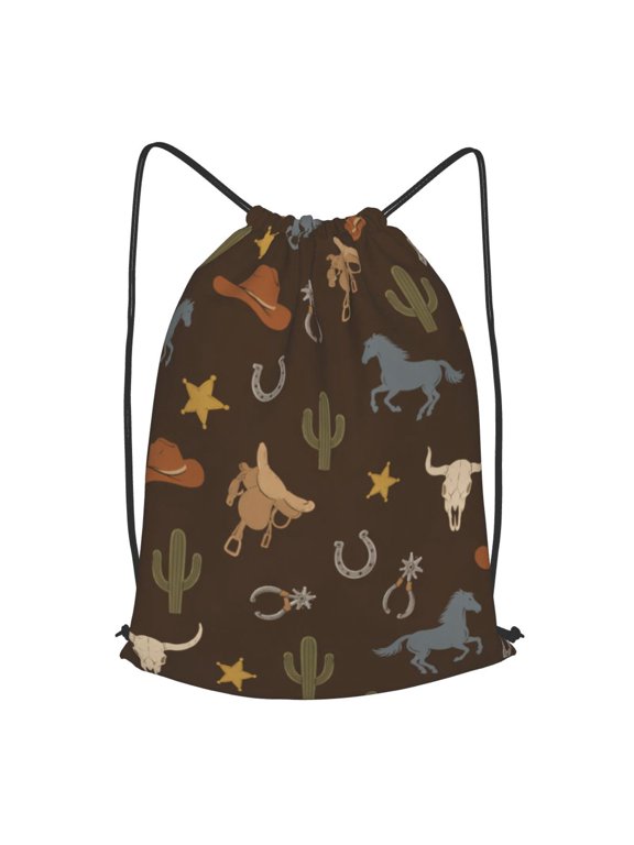 Classic Western Brown Pattern Drawstring Backpack Gym String Bag Sports Sackpack Cinch Sack, S