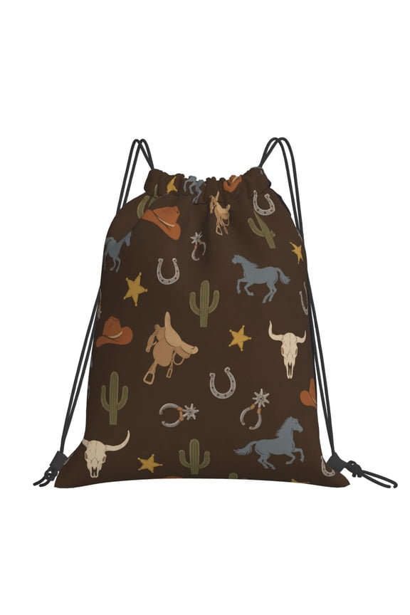 Classic Western Brown Pattern Large Drawstring Backpack Casual Cinch Sack Bag Backpack for Sports Hiking Travel Gym