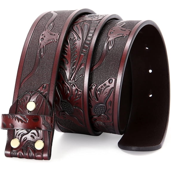 Classic Western Bull Head Design Leather Snap On Belt Mens Womens-NO BUCKLE