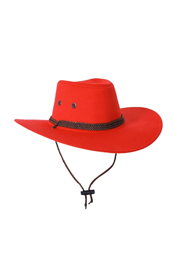 Classic Western Cowboy Hat for Men and Women, Vintage Style Leather & Metal Decor Hat with Rope and Chin Strap, Wide Brim Sun Hat for Outdoor, Riding, Travel, and Casual Wear Red
