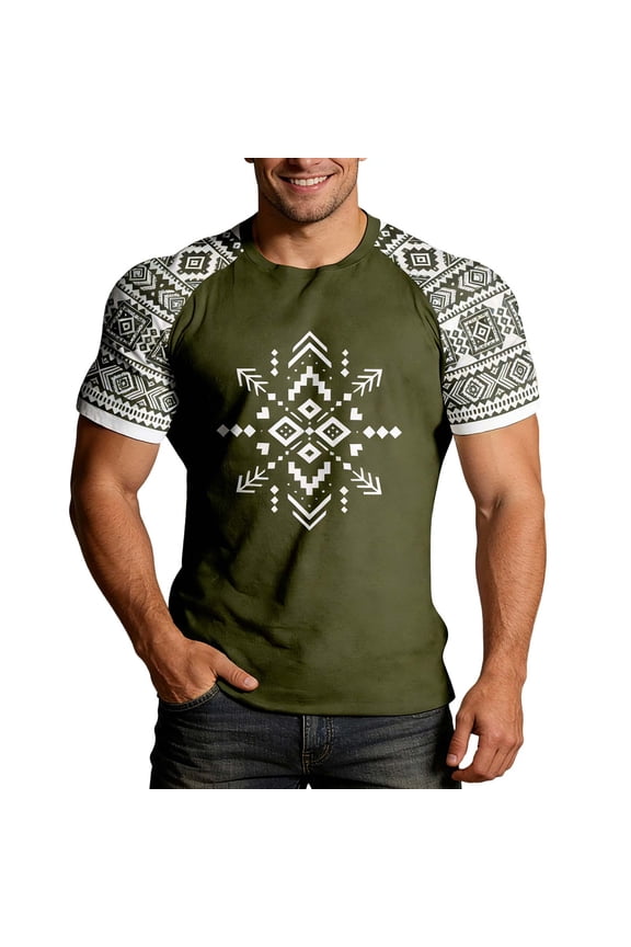 Classic Western Denim Print Short Sleeve Crewneck Tee Summer Casual Top with Shoulder Yoke Army Green L