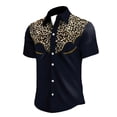 thumbnail image 1 of Classic Western Denim Short Sleeve Shirt Leopard Print Button Down Top with Snap Pockets for Cowboy Style Navy L, 1 of 3
