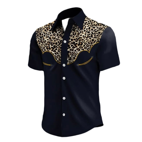 Classic Western Denim Short Sleeve Shirt Leopard Print Button Down Top with Snap Pockets for Cowboy Style Navy M