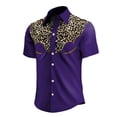 thumbnail image 1 of Classic Western Denim Short Sleeve Shirt Leopard Print Button Down Top with Snap Pockets for Cowboy Style Purple L, 1 of 3