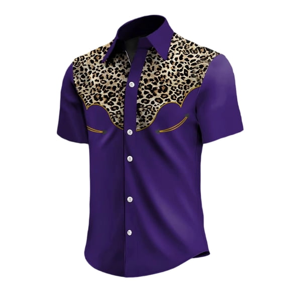 Classic Western Denim Short Sleeve Shirt Leopard Print Button Down Top with Snap Pockets for Cowboy Style Purple L