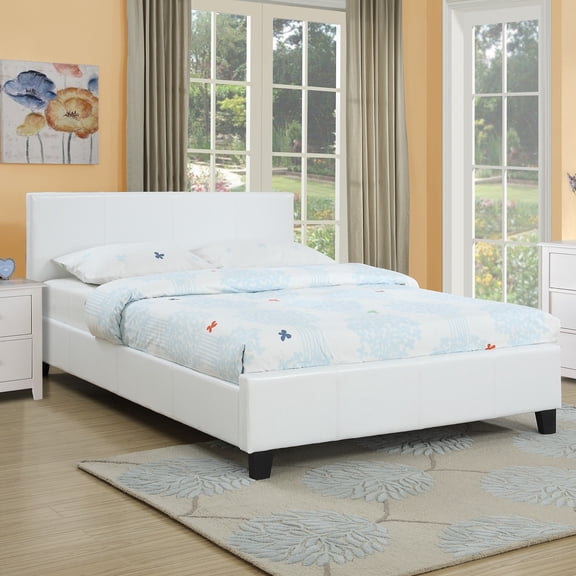 Classic White 1pc Queen Size Bed Faux Leather Upholstered Bedframe Bedroom Furniture Woo