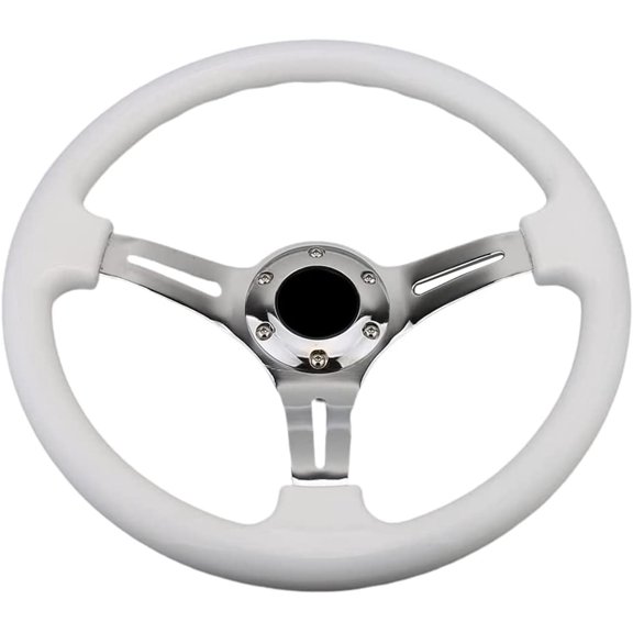 Classic White Car Racing Steering Wheel Chrome Silver Spokes 350mm 13.5" Sports Wood Steering Wheel 6 Bolts Deep Dish With Horn Button