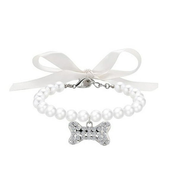 Classic White Faux Pearl Pet Necklace with Shimmering Rhinestone Bone Charm and Satin Ribbon, Adjustable Jewelry Collar for Small Dogs and Cats, White, Size Small