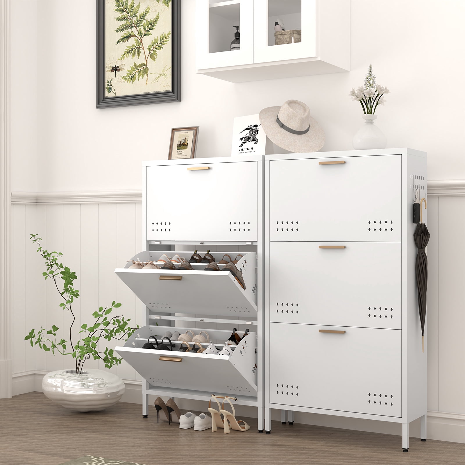 Classic White High-Leg Tilt Out Shoe Cabinet Modern Minimalist Large Capacity Rack With Side Hooks Heavy Duty Carbon Steel Anti Tip Entryway Cabinet Multi Layer Floor-Standing Metal Storage Organ