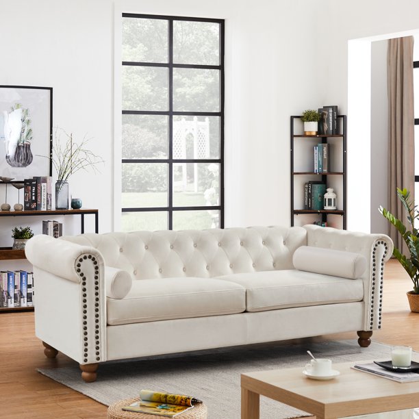 Classic White Large Sofa Traditional Living Room Chesterfield Upholstery HighTech Fabric