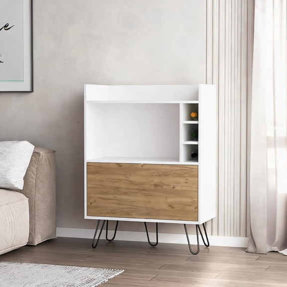Classic White Natural Particle Board Wine Storage Bar Cabinet, Modern Rectangular for Home Bar Use