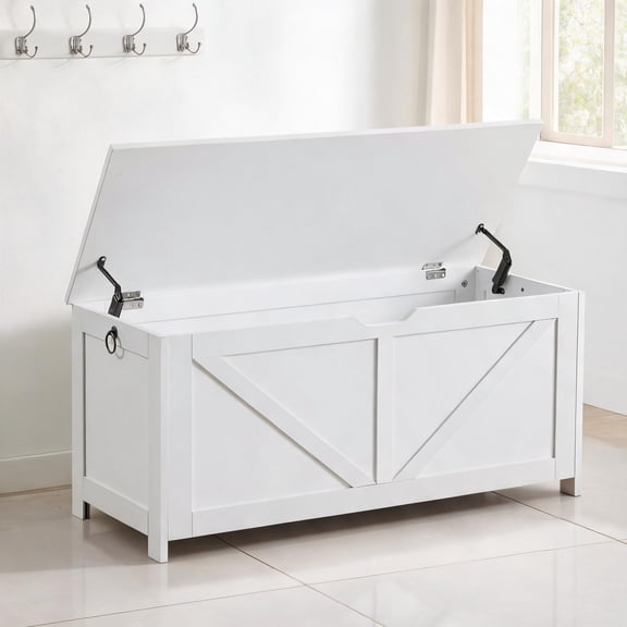 Classic White Particle Board Flip Top Storage Bench for Clutter Storage and Extra Seating, Farmhouse Industrial Style