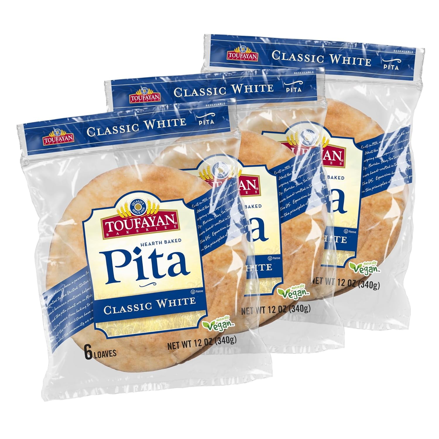 Classic White Pita Bread | Naturally Vegan, Cholesterol (3 Pack, 18 Pitas Total)