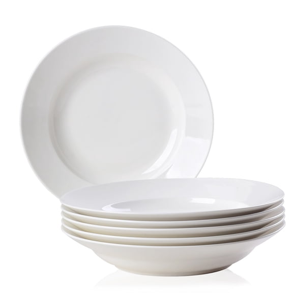 Classic White Round Ceramic Dinner Plates 9.5 Inch, Stackable Deep Dish with Lifted Edges, Microwave & Dishwasher Safe for Home & Restaurant