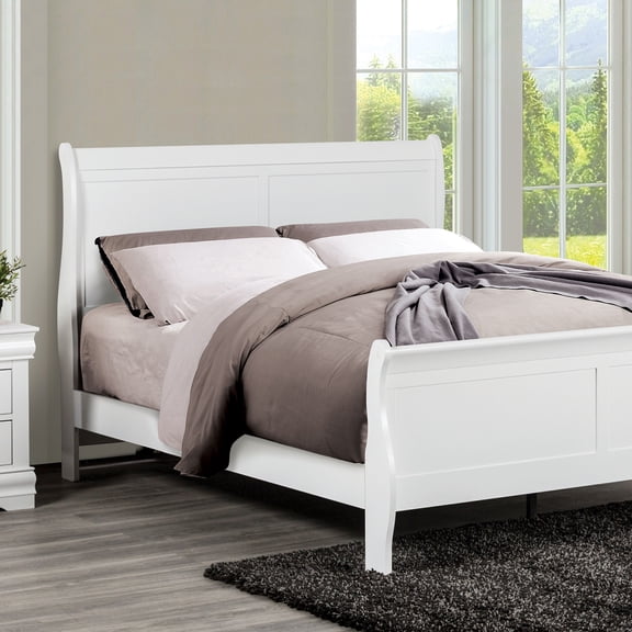 Classic White Sleigh Queen Bed Frame - Solid Wood & Veneer, Transitional Style, Bedroom Furniture - 62.5"W x 88.5"D, Box Spring Required, Elegant Home Decor