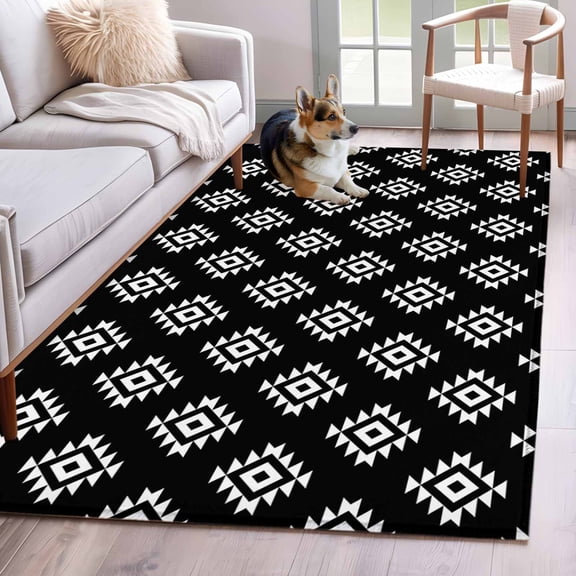 Classic Whtie Black Pattern Area Rugs 3x5 ft Abstract Tribal Aztec Western Washable Rug Non Slip Indoor Carpet Absorbent Floor Mat for Living Room Bedroom Dining Room