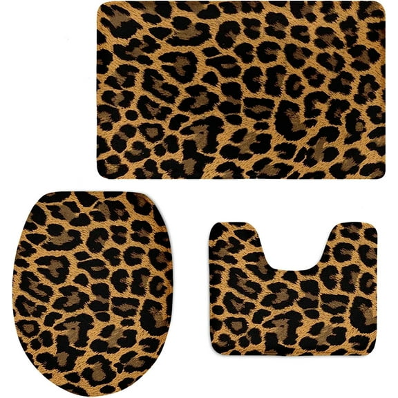 Classic Wild Cheetah Leopard Brown Print Bathroom Mats Set of 3 Pieces Non Slip Contour Rug and Toilet Lid Cover Rubber Backing