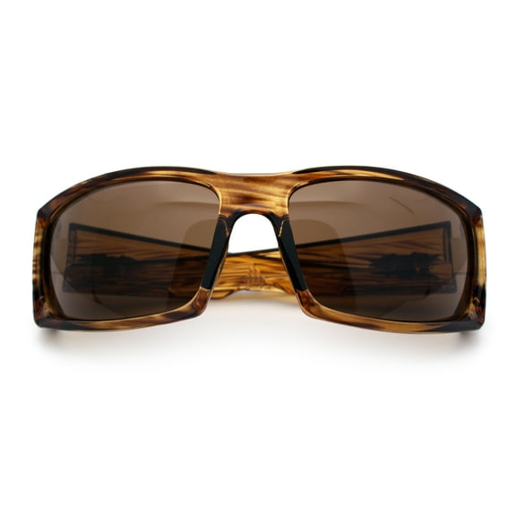 Classic Winged Skull 90s Wrap Around Sport Biker Plastic Rectangular Sunglasses Brown Stripe - Brown